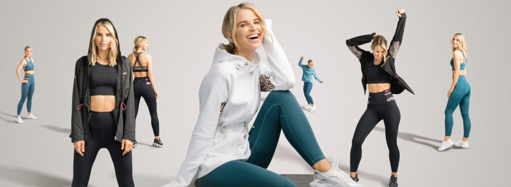 Panoramic creative landscape poster photo with various clones of Vogue Williams in various positron during the lunch of her clothing line NDA x Vogue